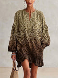 Gradient Leopard Stand Collar Half Placket Lantern Sleeve Ruffle Hem Loose Shirt Mini Dress