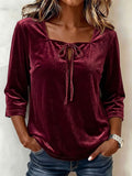 Women's Square Neck 3/4 Sleeve Casual Loose Velvet Top