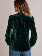 Chic V-neck Bow-tie Emerald Green Crushed Velvet Blouse With Puff Sleeves
