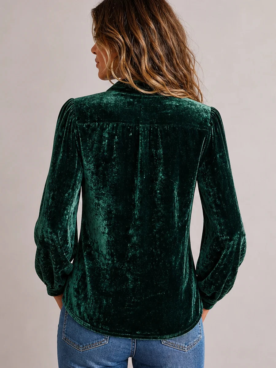 Chic V-neck Bow-tie Emerald Green Crushed Velvet Blouse With Puff Sleeves