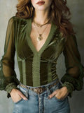 Stylish And Cozy Slim-fit Velvet Top With Lace Paneling
