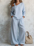 One Shoulder Strap Long Sleeve Top & High Waist Wide Leg Pants Linen Blend Two Piece Set