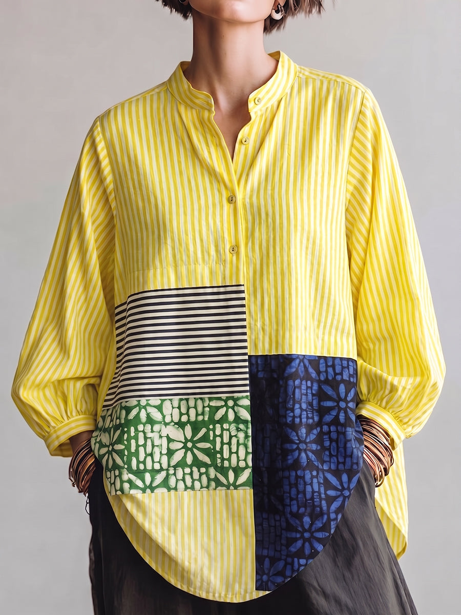 Artistic Patchwork Print Striped Linen Tunic Blouse