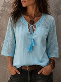 Casual Solid-color V-neck Batwing-sleeve Top With Cut-out Detail