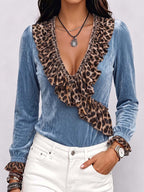 Women's Ruffled V-neck Long-sleeved Casual Loose Velvet Top