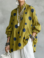 Boho Chic Olive Polka Dot Ruffled  Linen Tunic Top