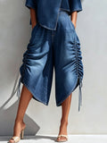 Chic Ruched-side Cropped Denim Wide-leg Culottes