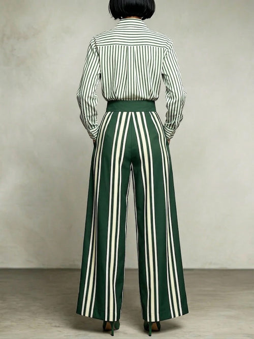 Casual Striped Cotton Shirt And Trousers Two-piece Set