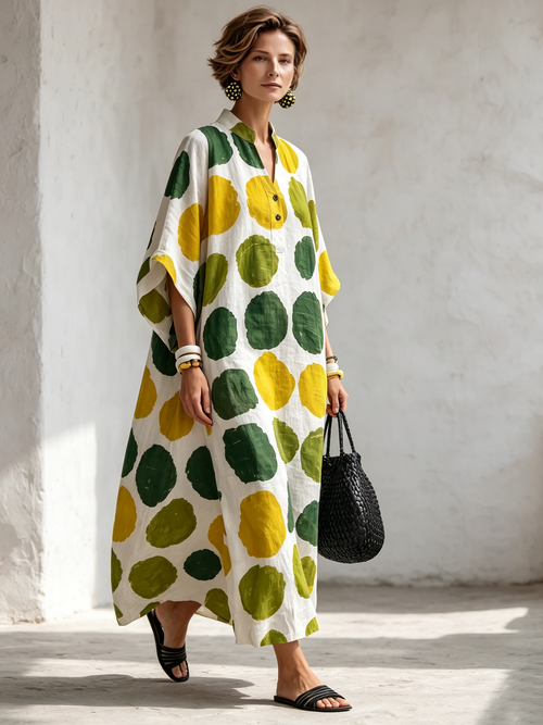 Artistic Polka-dot Cotton-linen Casual Vacation Maxi Dress