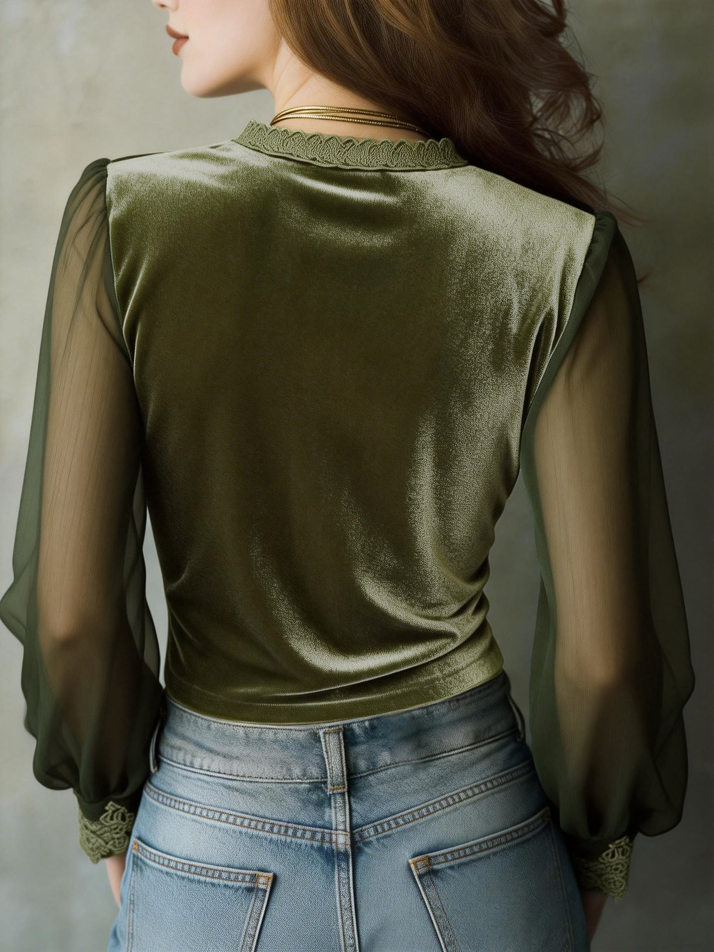 Stylish And Cozy Slim-fit Velvet Top With Lace Paneling