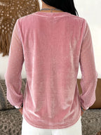 Women's Solid Color V-neck Long Sleeve Casual Loose Mesh And Velvet Patchwork Top
