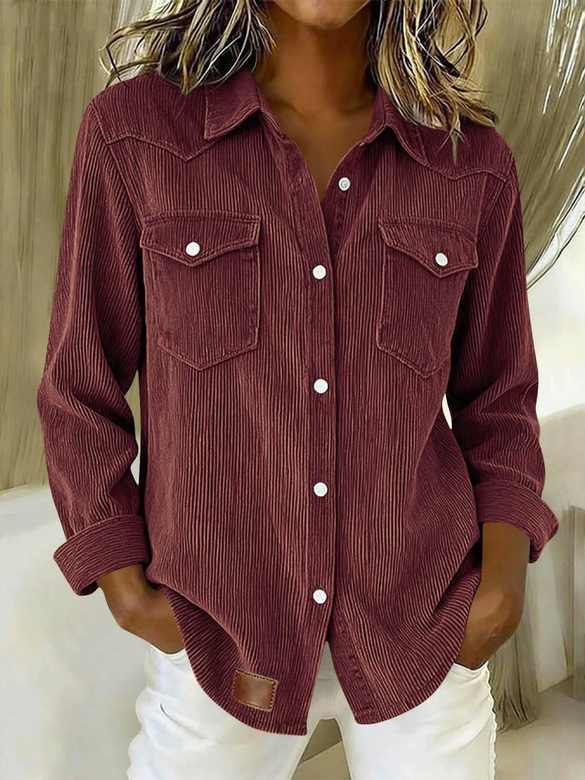 Casual Vintage Blue Corduroy Button-down Long-sleeve Shirt
