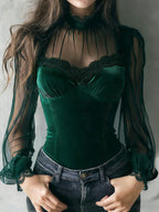 Vintage-style Bohemian Patchwork Lace And Stretch Velvet Top