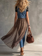 Western Sheer Gradient Leopard Maxi Drape Denim Duster Vest