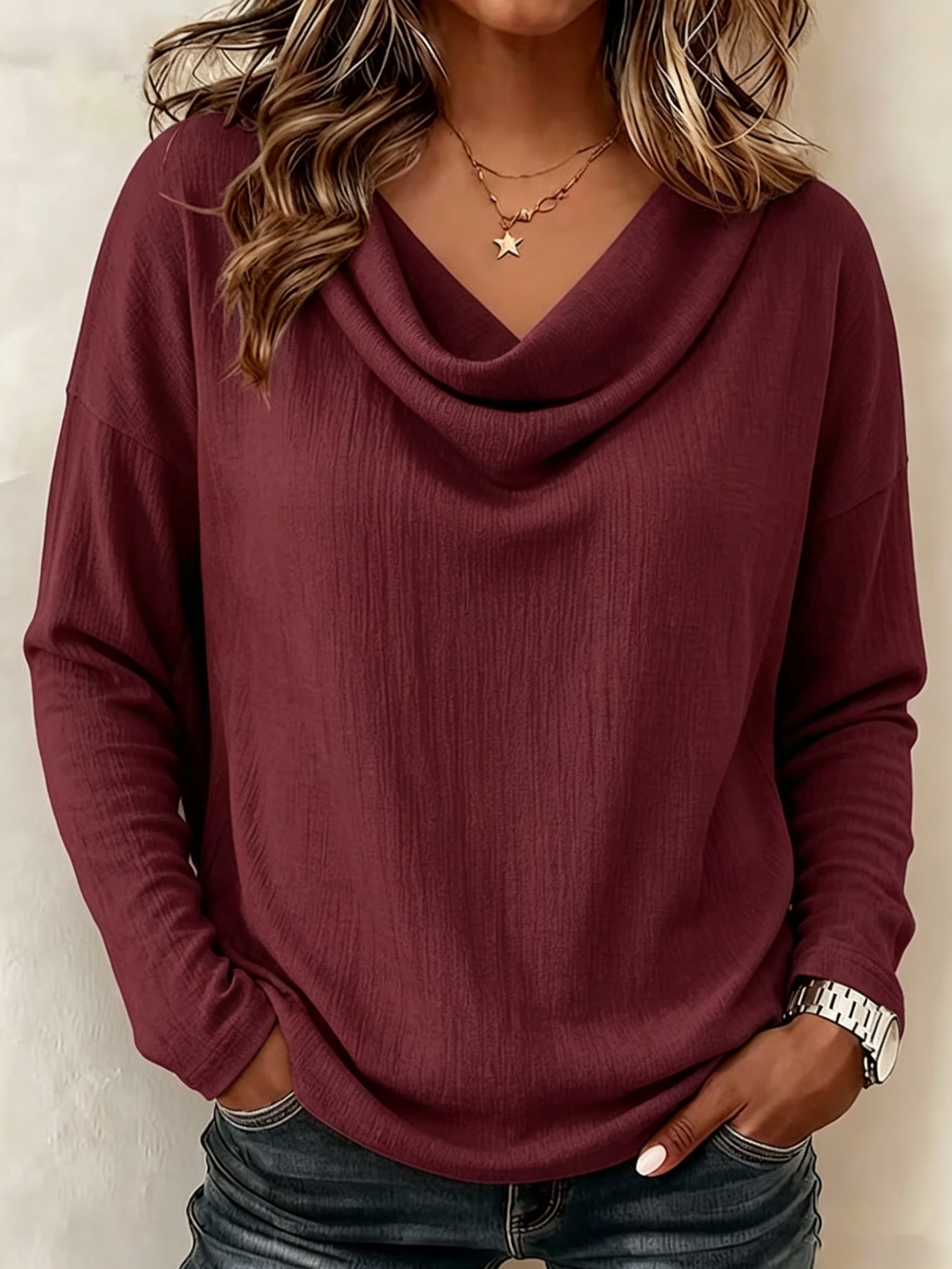 Draped Cowl Neck Textured Drop Shoulder Long Sleeve Casual Top