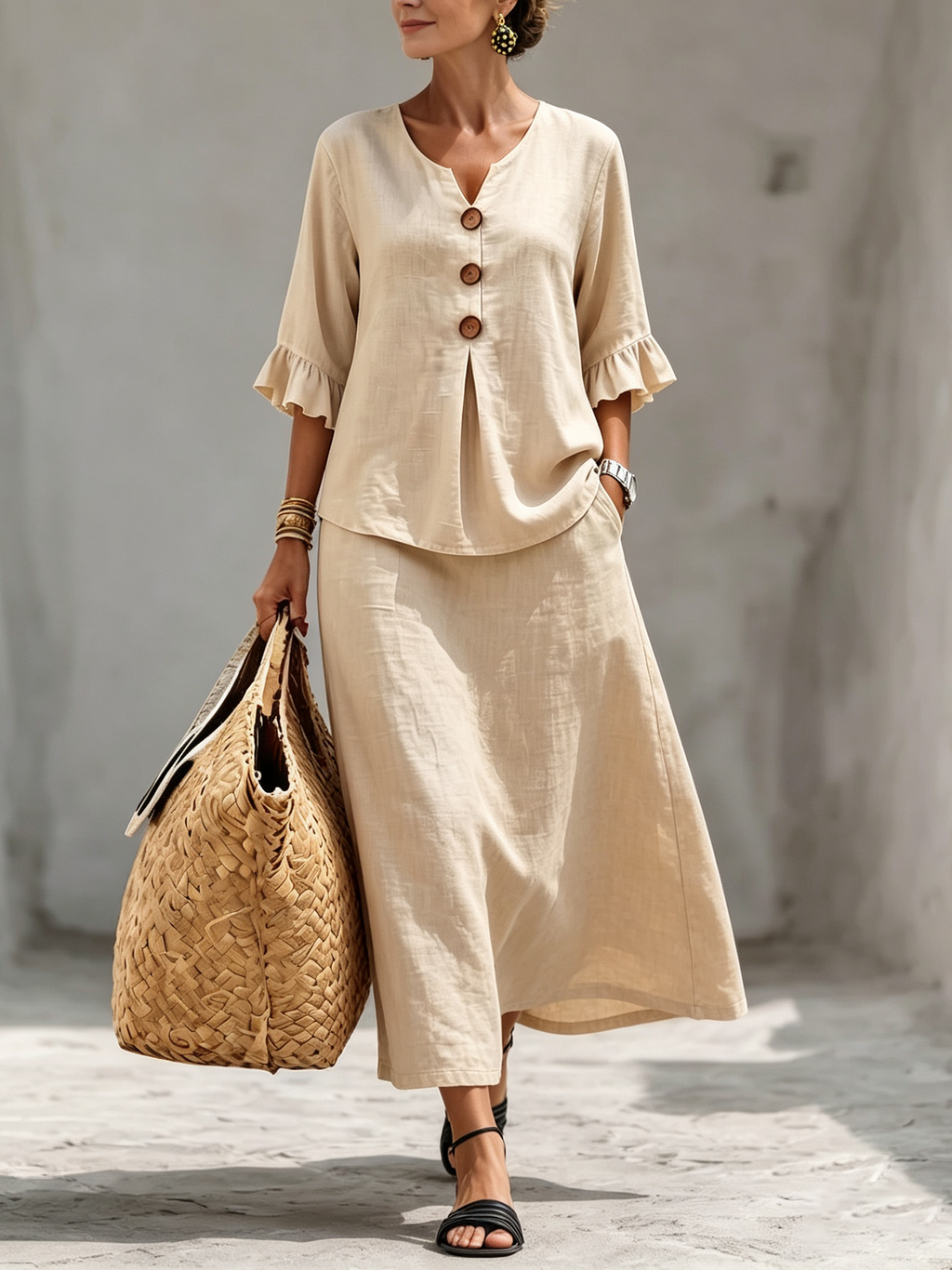 Elegant Resort-style Ruffled Linen-blend Two-piece Set