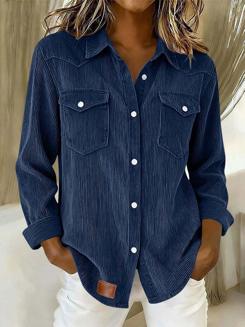 Casual Vintage Blue Corduroy Button-down Long-sleeve Shirt