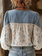 Boho-Chic  Floral Paneling Denim Blouse