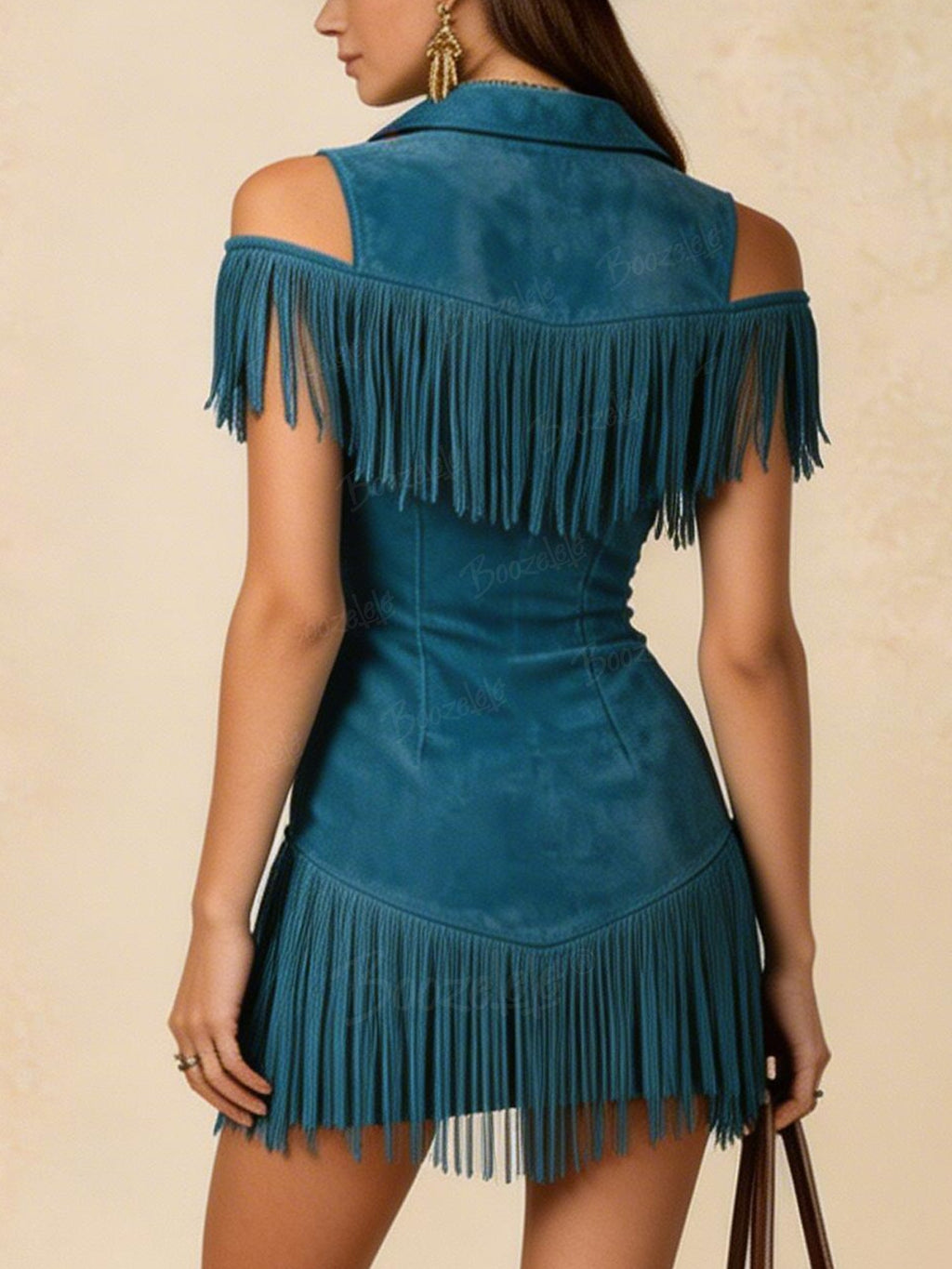Western-Style Lapel Zipper Tassel Slim-Fit Mini Dress