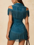 Western-Style Lapel Zipper Tassel Slim-Fit Mini Dress
