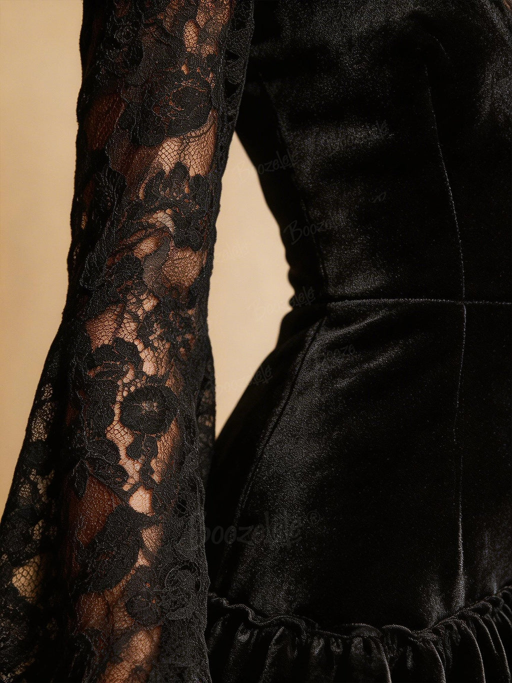 Western Lace Velvet Deep V-Neck Long Sleeve Mini Dress