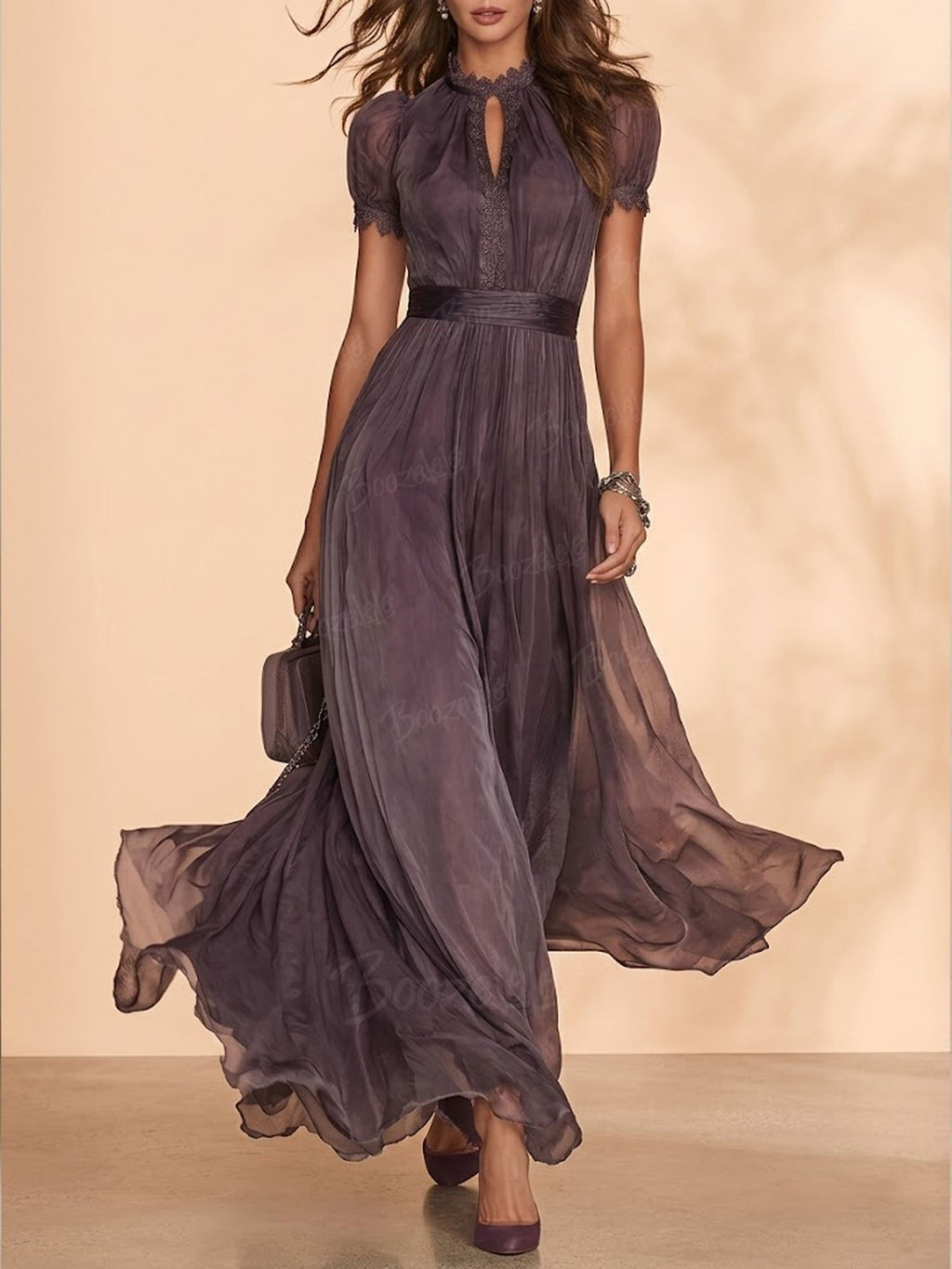 2026 SS Western Romance — Smoky Mauve Heavy Eyelet Embroidered Sunburst Pleated Maxi Dress