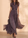2026 SS Western Romance — Smoky Mauve Heavy Eyelet Embroidered Sunburst Pleated Maxi Dress
