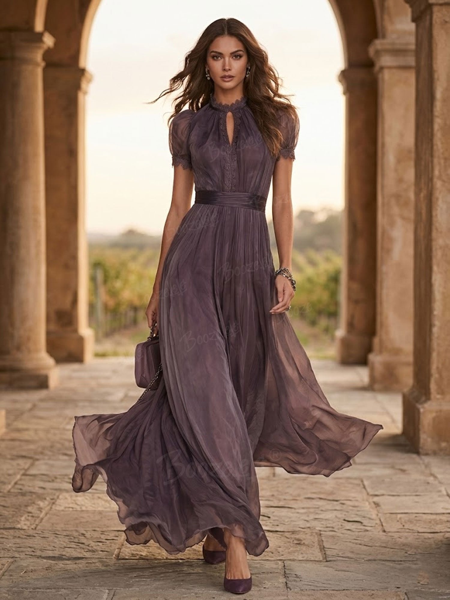 2026 SS Western Romance — Smoky Mauve Heavy Eyelet Embroidered Sunburst Pleated Maxi Dress
