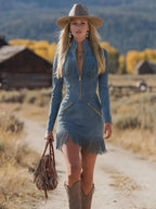 Retro Western Style Zippered Collar Blue Fringed Faux Suede Mini Dress