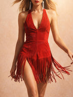 Perfect for Desert Festivals & Parties — Fiery Red Dynamic Fringe Halter Design Faux Suede 2026 S/S Women’s Boho Mini Dress