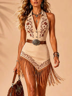Suitable For Chic Weekend Getaways — 2026 S/S Elegant Women'S Comfort Khaki Twill Western Bohemian Style Sleeveless Mini Dress(No Belt)