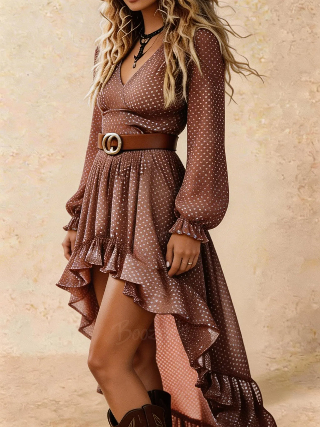 Bohemian polka dot V-neck dress with high and low hem