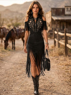 [Embroidery]Wild Noir Elegance — 2026 S/S Black Cinched Multi-Craft Stage-Effect Statement Midi Dress