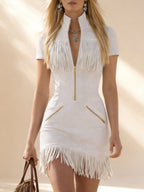 Retro Western Style Zippered Collar Blue Fringed Faux Suede Mini Dress
