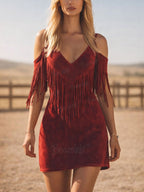 Women's Vintage Western Rust Faux Suede Fringe Mini Dress Cold Shoulder V-Neck Cowgirl Dress