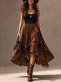 Vintage Western Fringe Skirt, Women's Brown Asymmetrical Ruffle Maxi Skirt