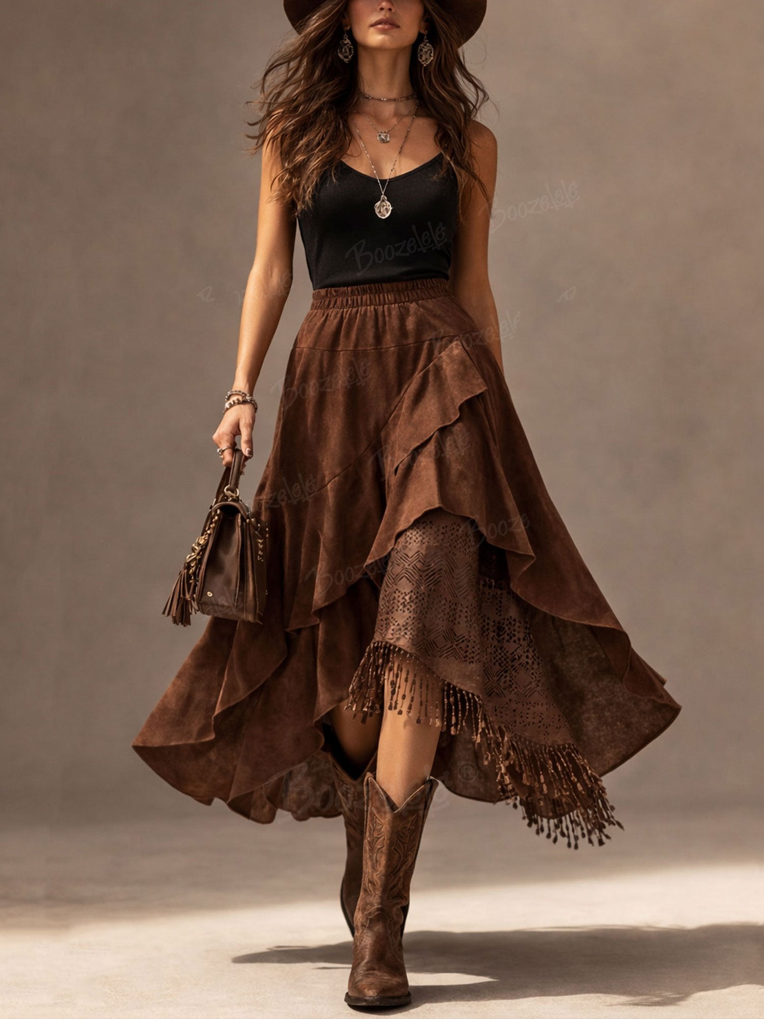 Vintage Western Fringe Skirt, Women's Brown Asymmetrical Ruffle Maxi Skirt