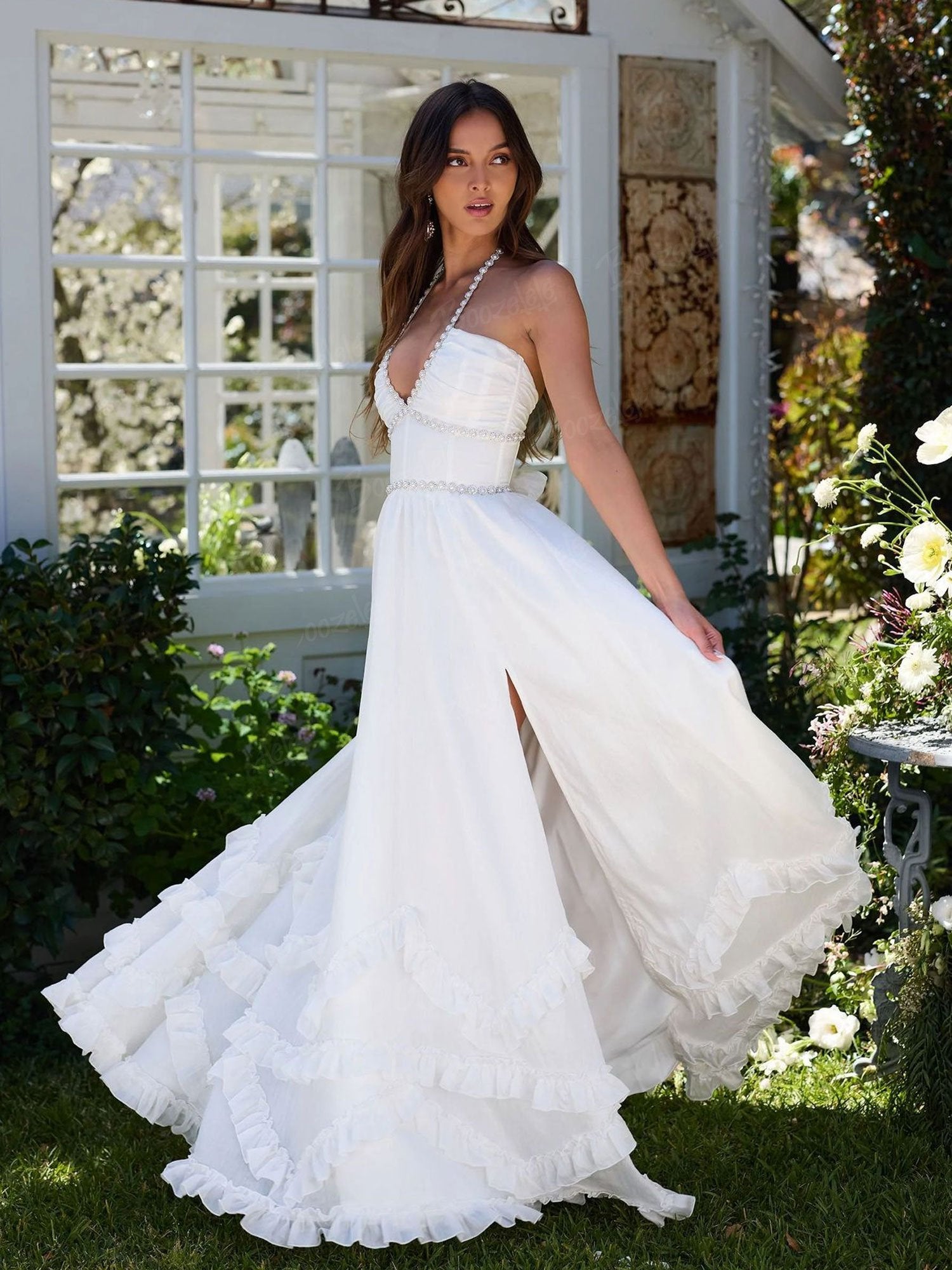 Boho Desert Sunset Festival — Vintage Ivory Pearl-Trimmed Corset Bodice Backless Flowy Chiffon Maxi Dress