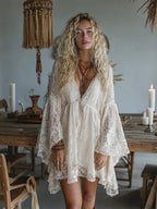 Women's Holiday Casual Elegant High-Waisted Batwing Sleeve Loose Lace Dress