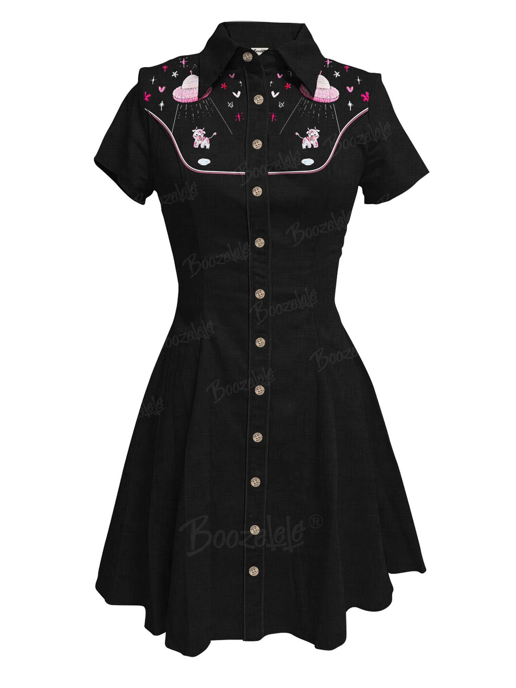 [Embroidery]UFO Captures Pink Cow  - 100% Cotton Dress