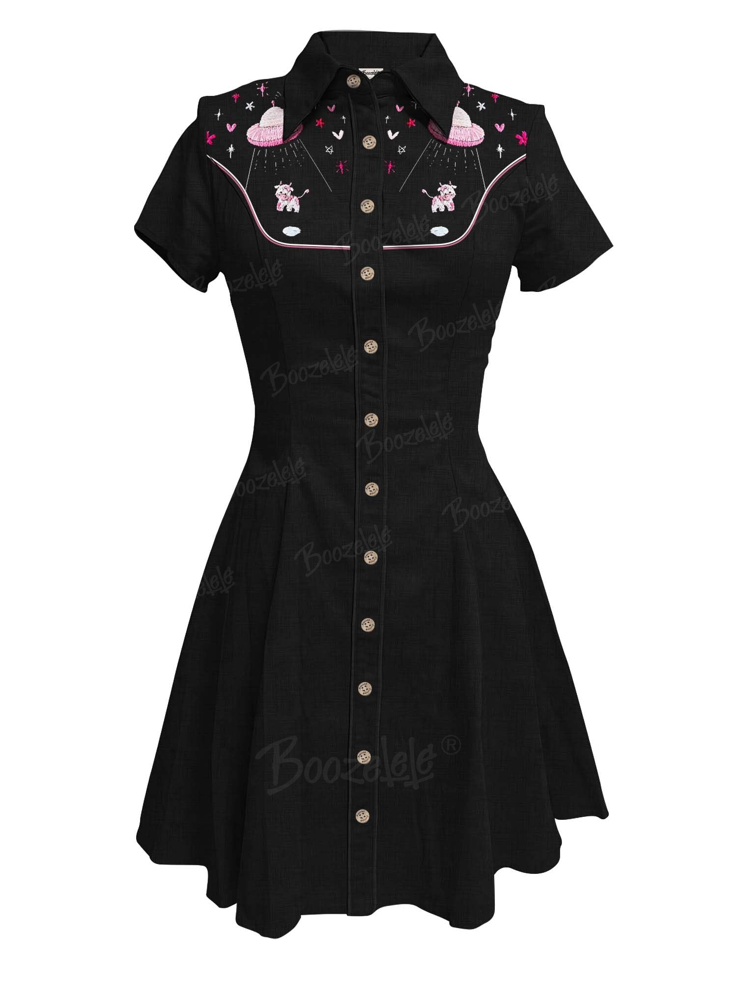 [Embroidery]UFO Captures Pink Cow  - 100% Cotton Dress