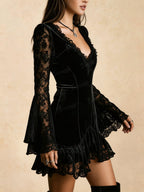 Western Lace Velvet Deep V-Neck Long Sleeve Mini Dress