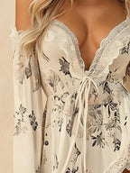 Bohemian Style Deep V-Neck Flared Sleeve Lace-Trimmed Mini Dress