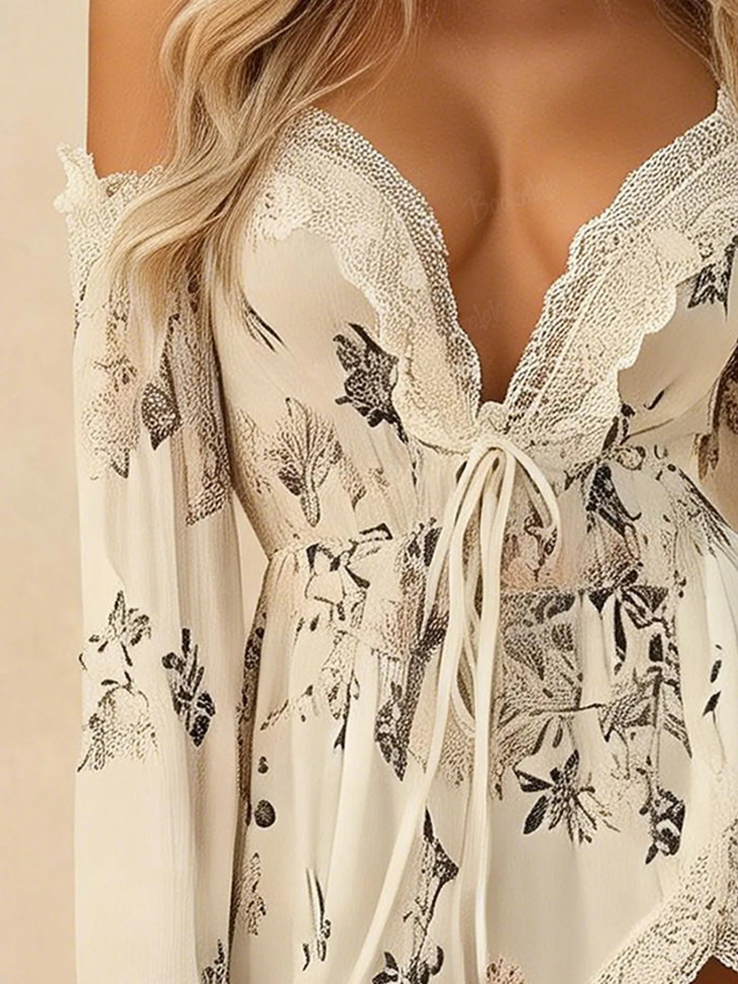 Bohemian Style Deep V-Neck Flared Sleeve Lace-Trimmed Mini Dress