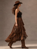 Vintage Western Fringe Skirt, Women's Brown Asymmetrical Ruffle Maxi Skirt