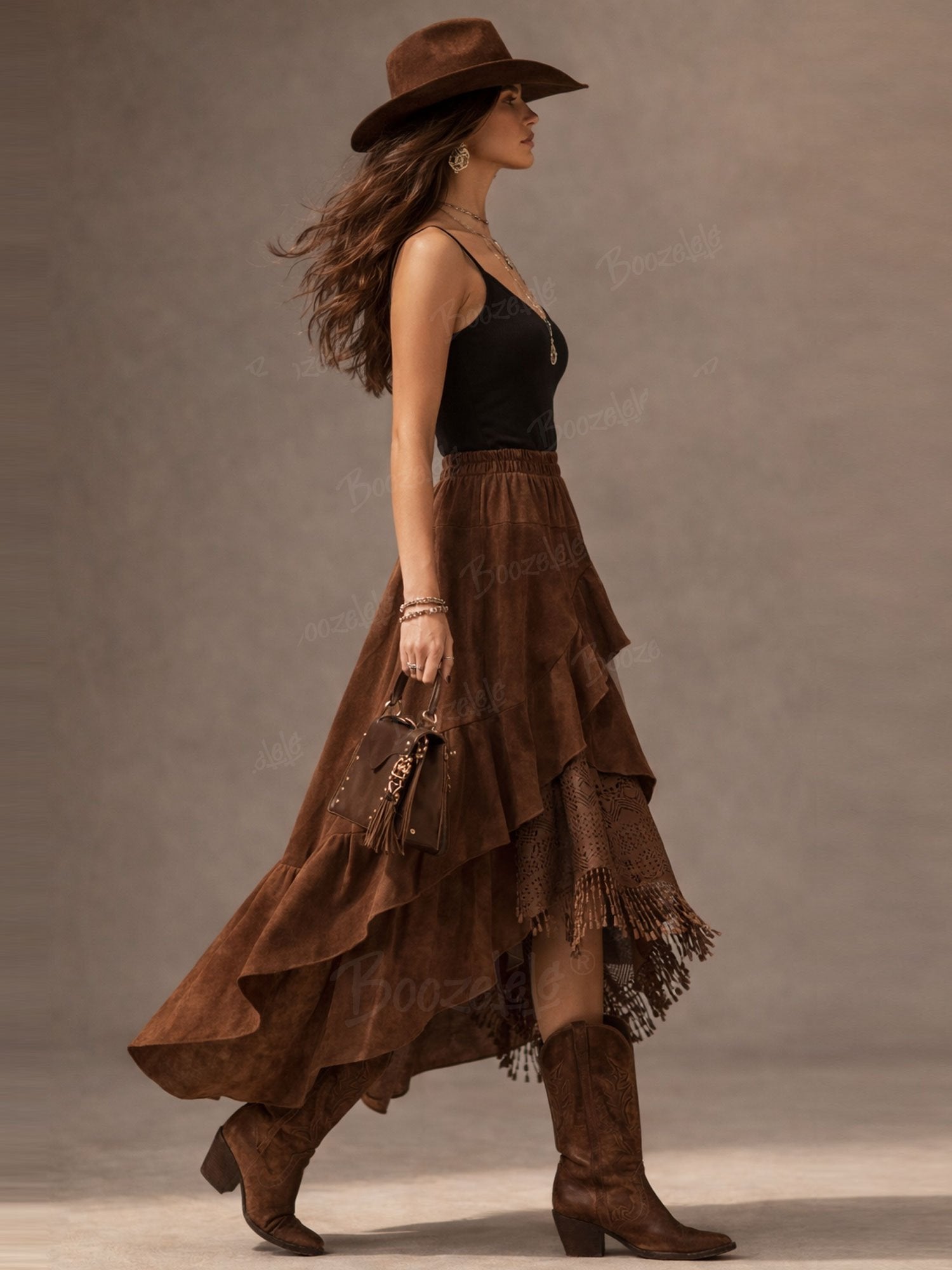 Vintage Western Fringe Skirt, Women's Brown Asymmetrical Ruffle Maxi Skirt