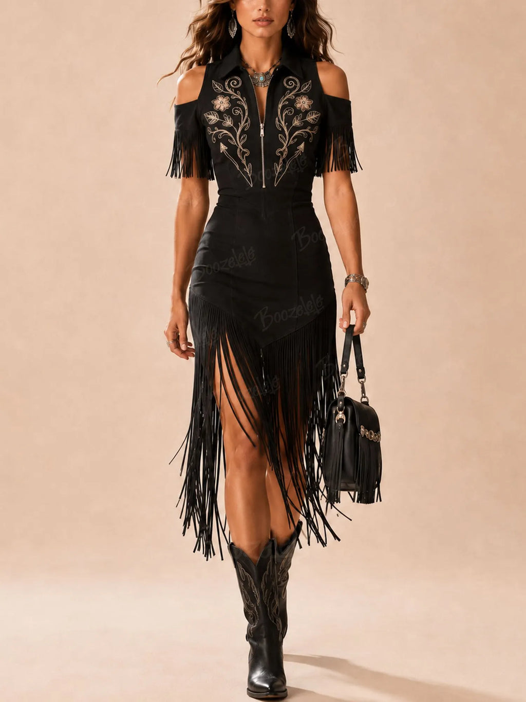 [Embroidery]Wild Noir Elegance — 2026 S/S Black Cinched Multi-Craft Stage-Effect Statement Midi Dress