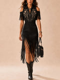 [Embroidery]Wild Noir Elegance — 2026 S/S Black Cinched Multi-Craft Stage-Effect Statement Midi Dress