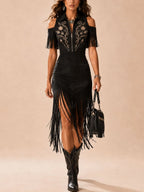 [Embroidery]Wild Noir Elegance — 2026 S/S Black Cinched Multi-Craft Stage-Effect Statement Midi Dress