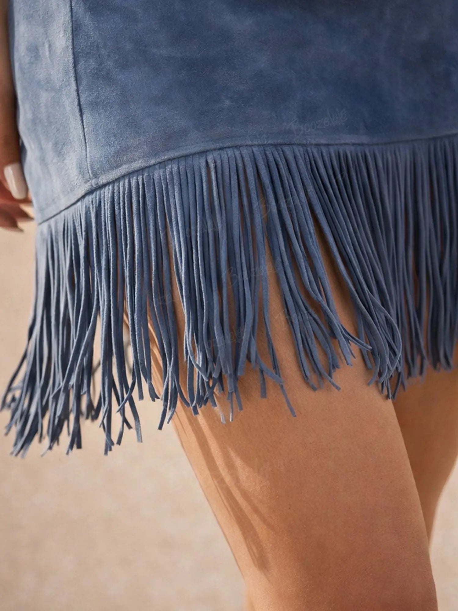 Retro Western Style Zippered Collar Blue Fringed Faux Suede Mini Dress